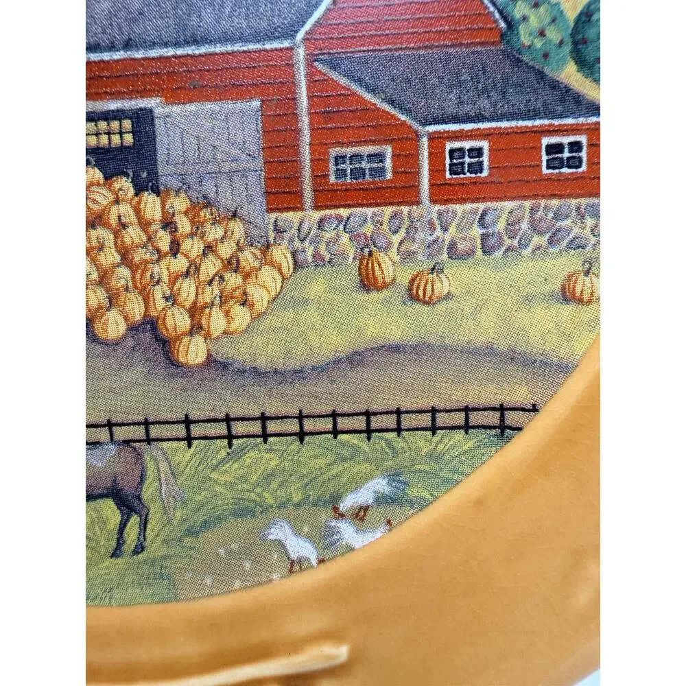 Ceramic Decorative trivet Farm Scene Pumpkin Patch Brown Multicolor Round Glossy
